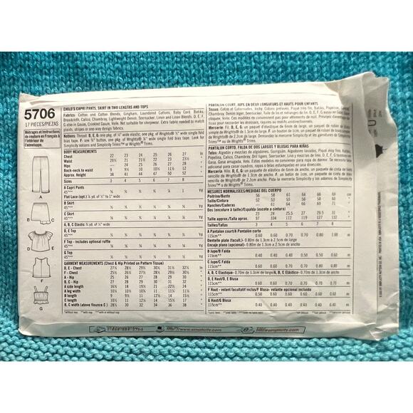 Simplicity 5706 pattern girls blouse capri pants skirt tank top size 5 6 7 8 - Picture 3 of 6